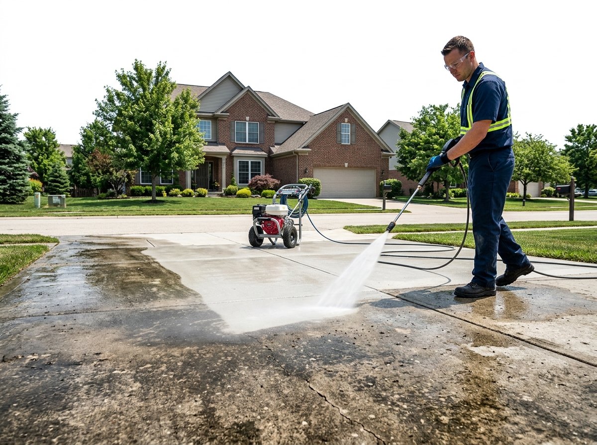 Professional pressure washing a concrete driveway in Gulf Shores Alabama